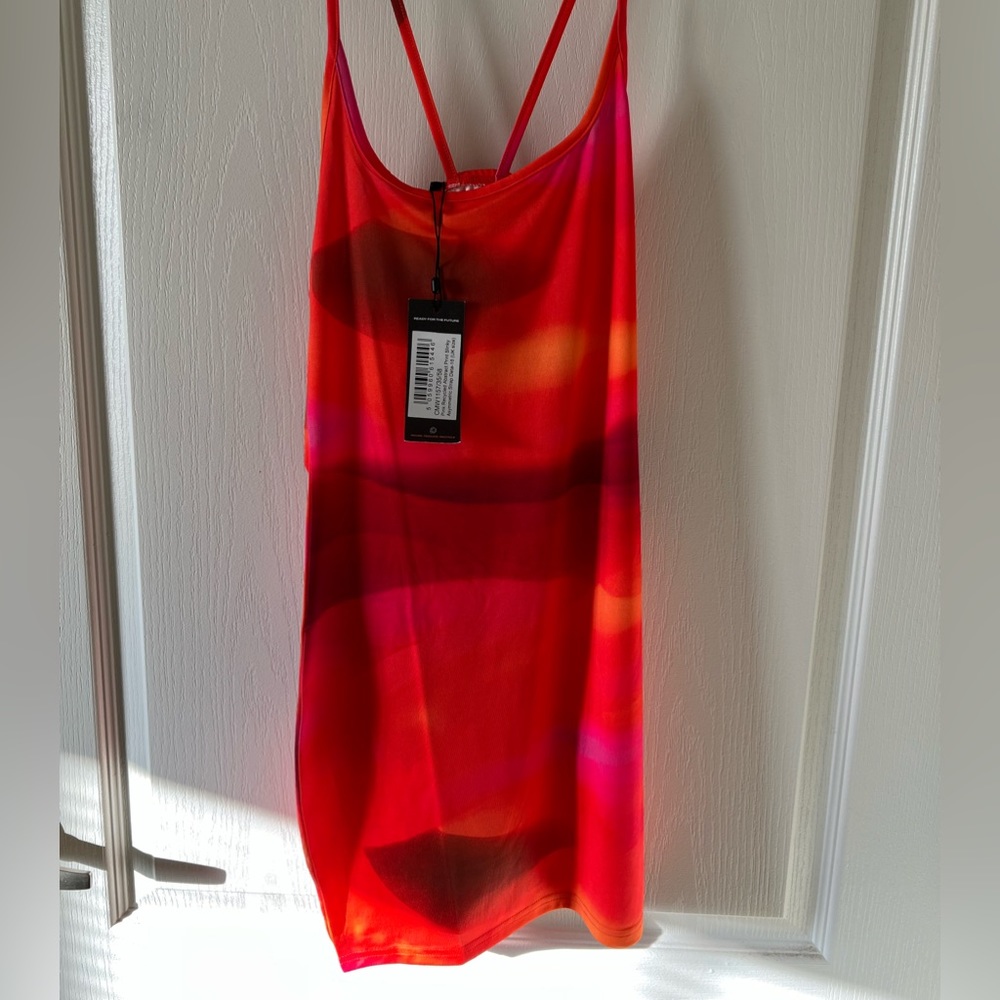 Abstract Multi colored Asymmetric Strap Slinky Dress
